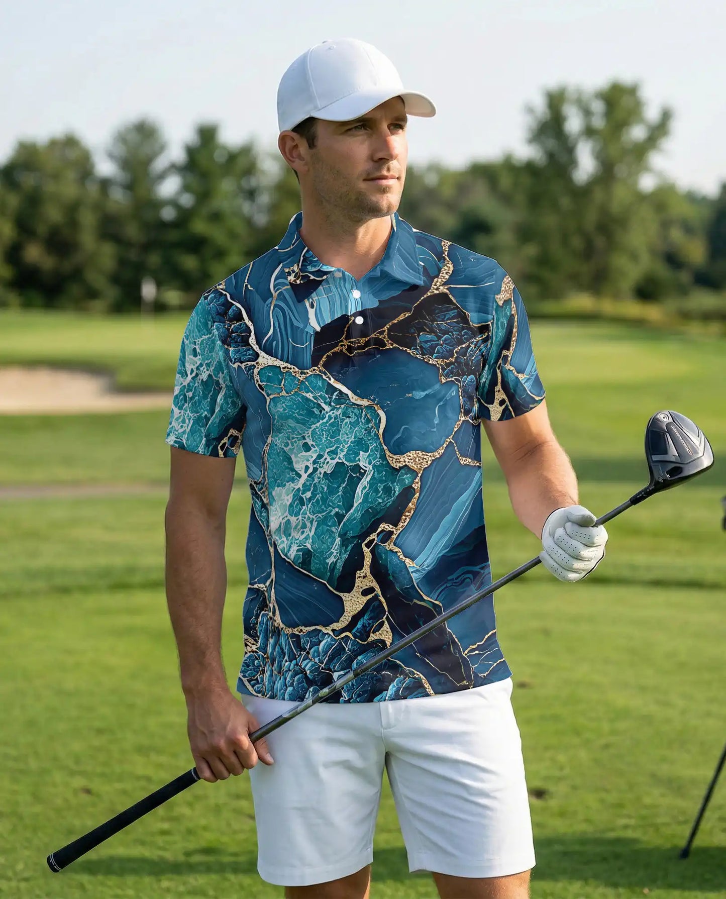 Blue Ocean Marble Polo Shirt for Men-Luxury Abstract Art | Netecom