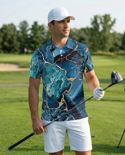Blue Ocean Marble Polo Shirt for Men-Luxury Abstract Art | Netecom