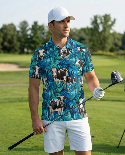 Cow Tropical Leaf 3D Polo Shirt for Men – Farm Animal Hawaiian Style | Netecom