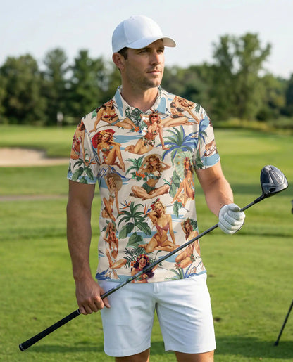 Tropical Pin Up Polo Shirt - Vintage Beach Babe Style | Netecom