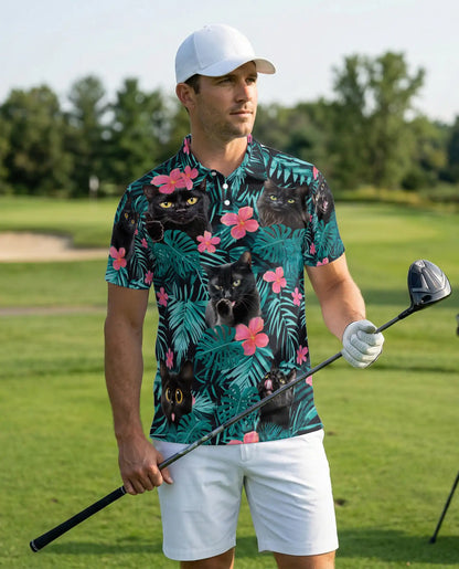 Black Cat Tropical 3D Polo Shirt for Men – Funny Floral Kitty Style | Netecom
