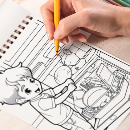 Kids Do Housework Spiral Bound Coloring Book, Immerse Yourself in 30 Captivating Coloring Pages, Inviting You to Color Kids Transforming Housework into Playful and Enjoyable Moments