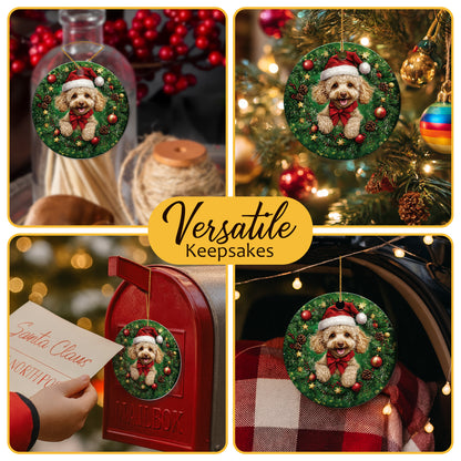 Netecom Cute Poodle Christmas Ornament, Dog Santa Hat Ceramic Ornament for Xmas Tree Hanging Decorations Gift, Puppy Lover Gifts, Home Decor, Holiday Party Present