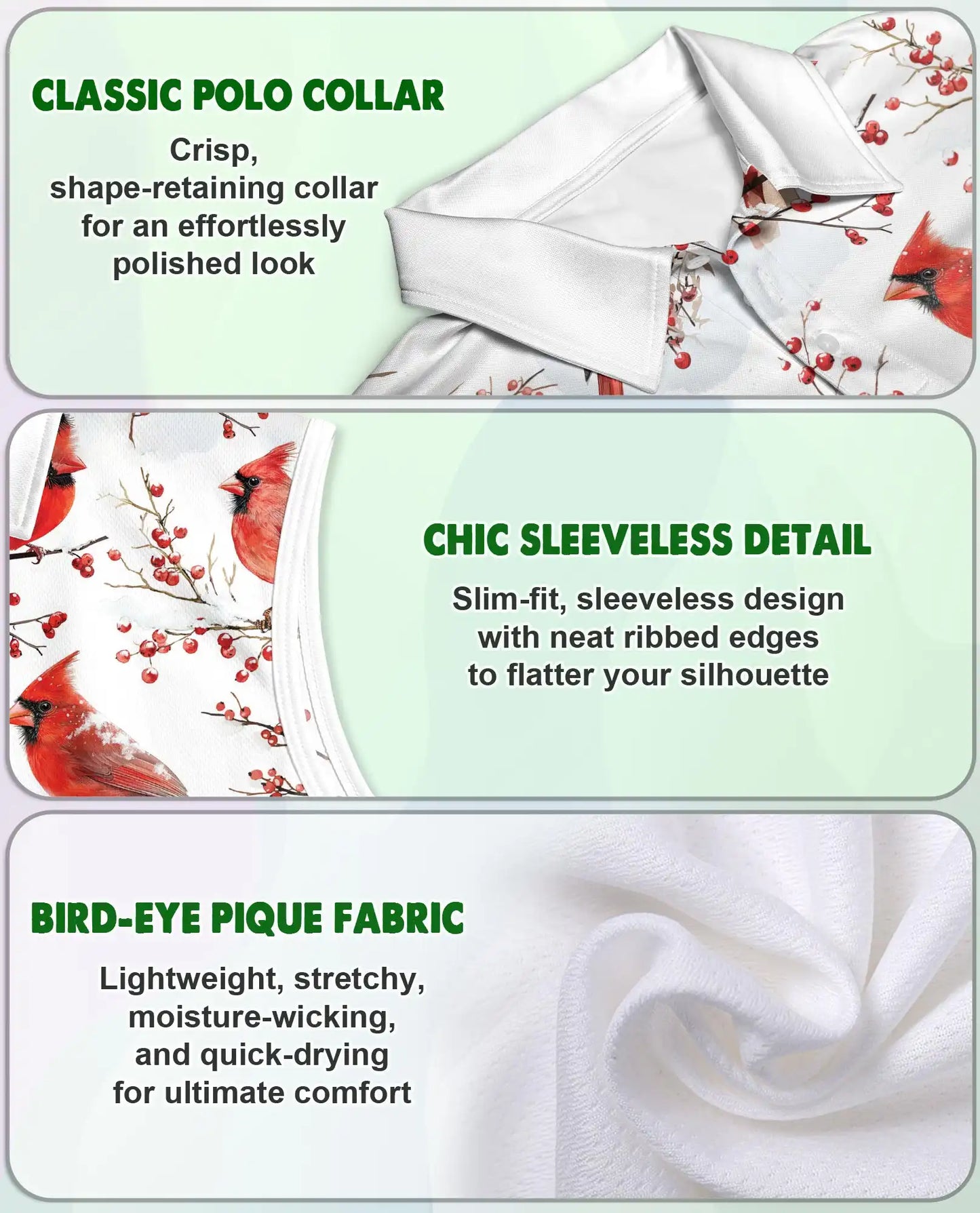 Cardinal Bird Sleeveless Polo Shirt for Women – Elegant Wildlife Nature Style | Netecom
