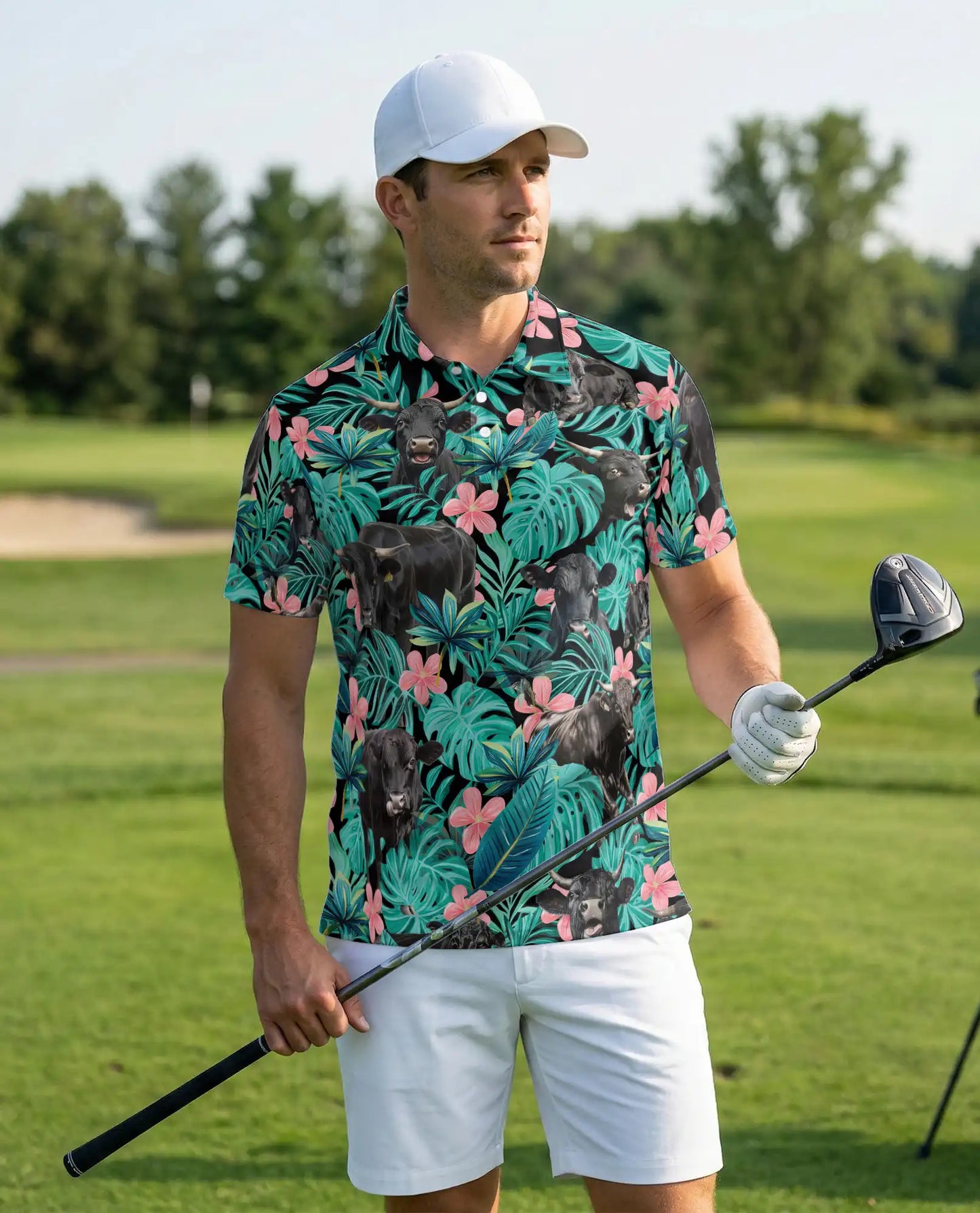 Black Cow Tropical Floral 3D Polo Shirt for Men – Hawaiian Farm Animal Style | Netecom
