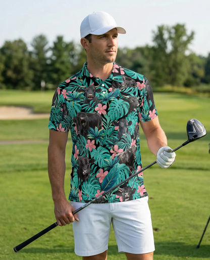 Black Cow Tropical Floral 3D Polo Shirt for Men – Hawaiian Farm Animal Style | Netecom