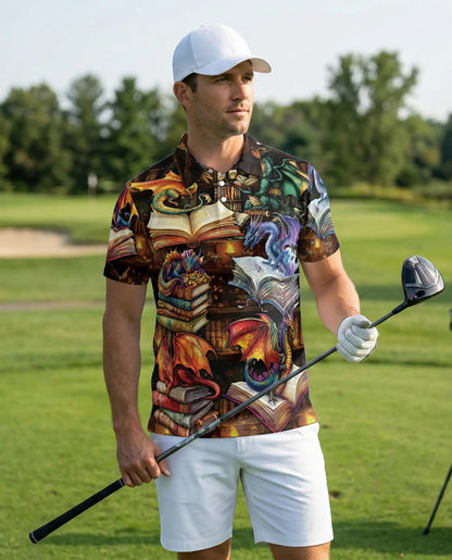 Fantasy Dragon Library 3D Polo Shirt for Men – Magical Book Art Style | Netecom