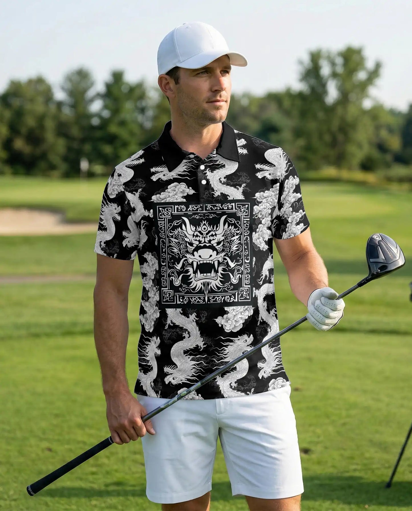 Black White Dragon 3D Polo Shirt for Men – Oriental Mythical Art Style | Netecom