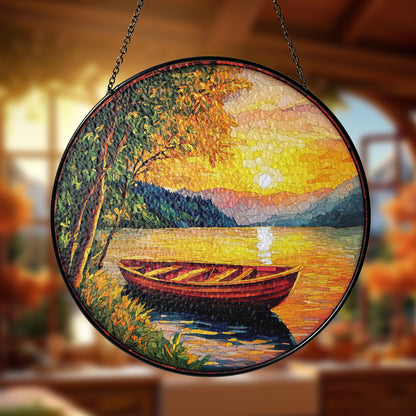 Netecom Beautiful Sunset on the River Stained Glass Sun Catcher – Scenic River Ornament, Perfect Gift for Outdoors Enthusiasts