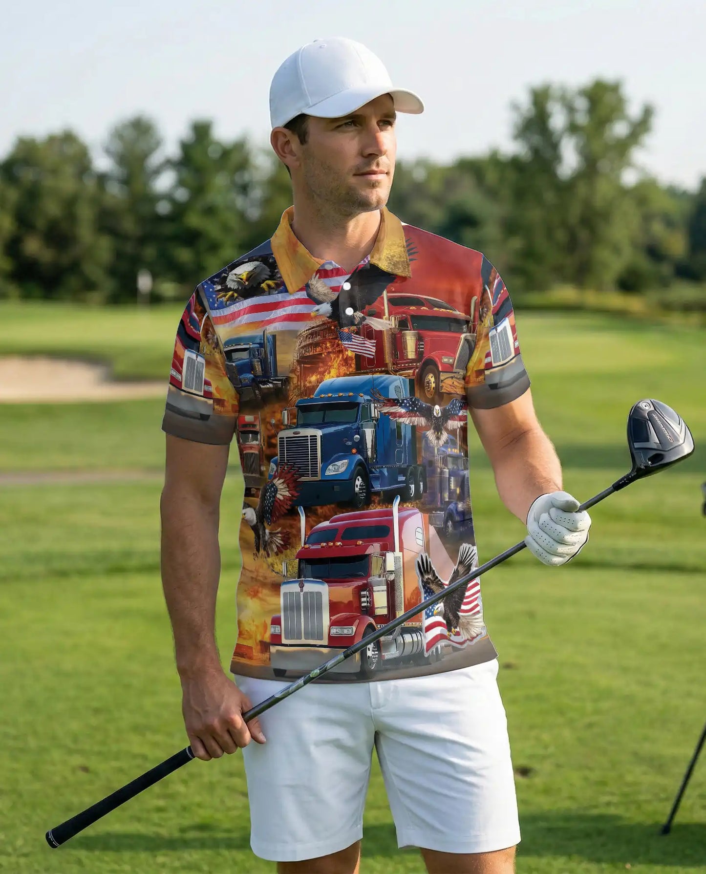 American Truck 3D Polo Shirt for Men – Patriotic Eagle Trucker Style | Netecom