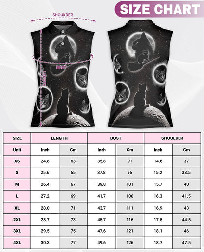 Black Cat Moonlight Sleeveless Polo Shirt for Women | Netecom