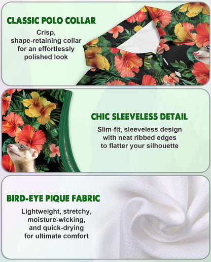 Ferrets Tropical Sleeveless Polo Shirt for Women – Cute Exotic Animal Style | Netecom