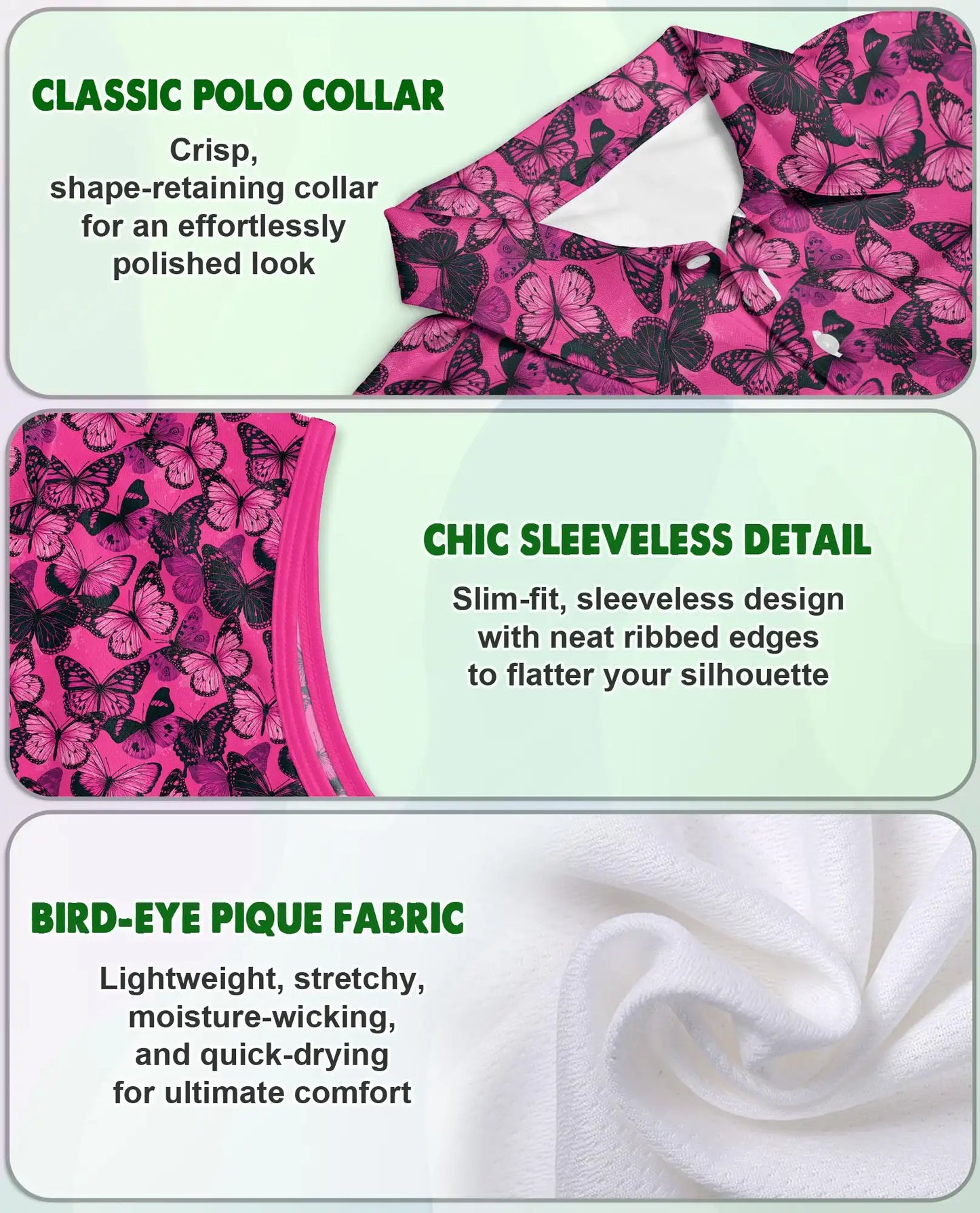 Pink Butterfly Print Sleeveless Polo Shirt for Women | Netecom