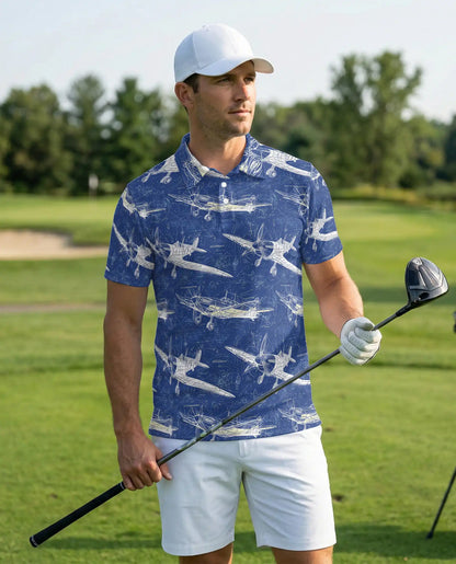 Vintage Airplane Blueprint Polo Shirt for Men-  Aviation Aircraft Print | Netecom