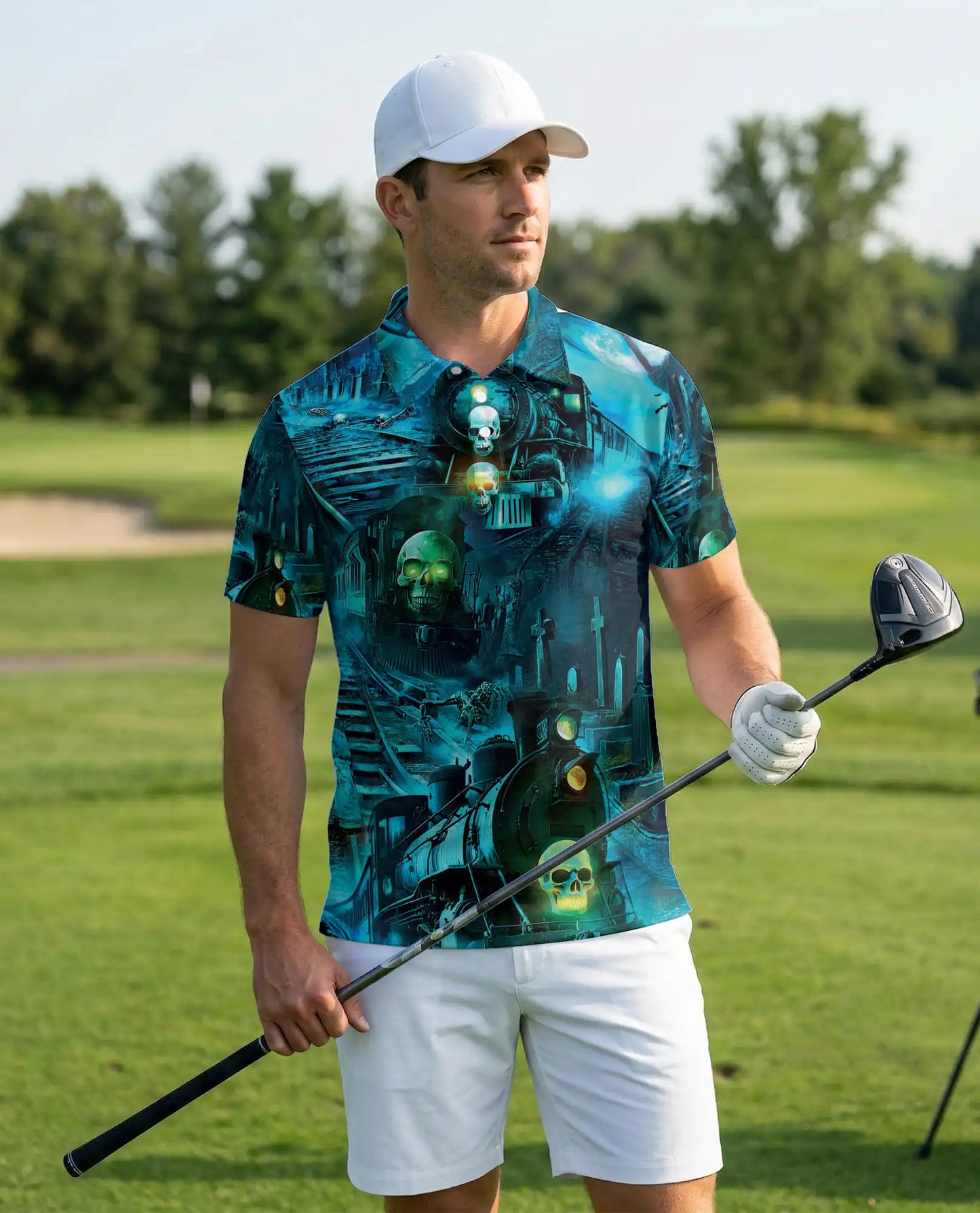 Haunted Ghost Train Skull Hawaiian Polo Shirt for Men-Gothic Horror Shirt | Netecom