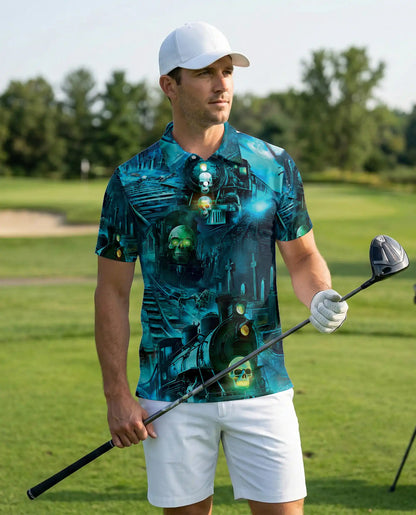Haunted Ghost Train Skull Hawaiian Polo Shirt for Men-Gothic Horror Shirt | Netecom