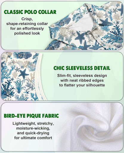 Sea Life Pattern Sleeveless Polo Shirt for Women | Netecom