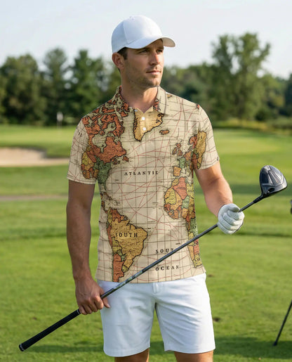 Vintage World Map Polo Shirt-Antique Nautical Atlas Print Travel Theme | Netecom