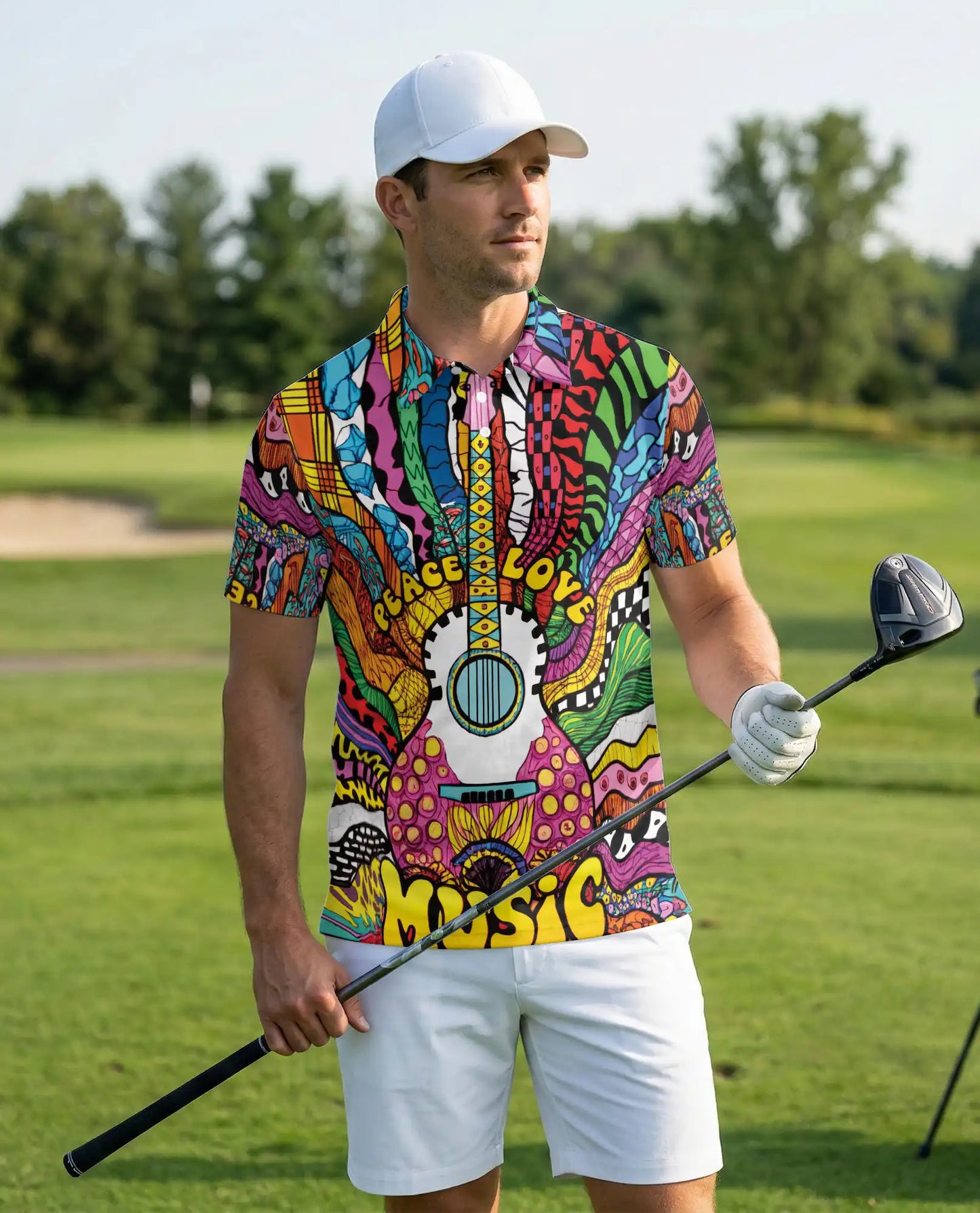 Psychedelic Music 3D Polo Shirt for Men – Colorful Guitar Art Style | Netecom