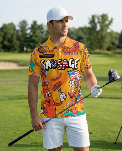 Funny Sausage Polo Shirt – Patriotic BBQ Cartoon Print | Netecom