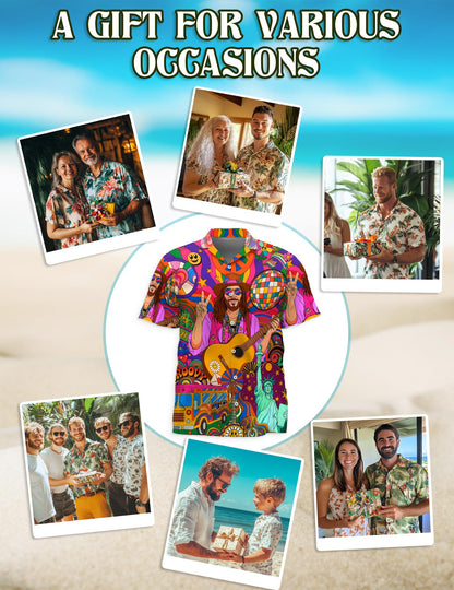 Netecom Colorful Hippie Hawaiian Shirt for Men, Button Down Summer Beach Short Sleeve, S-5XL