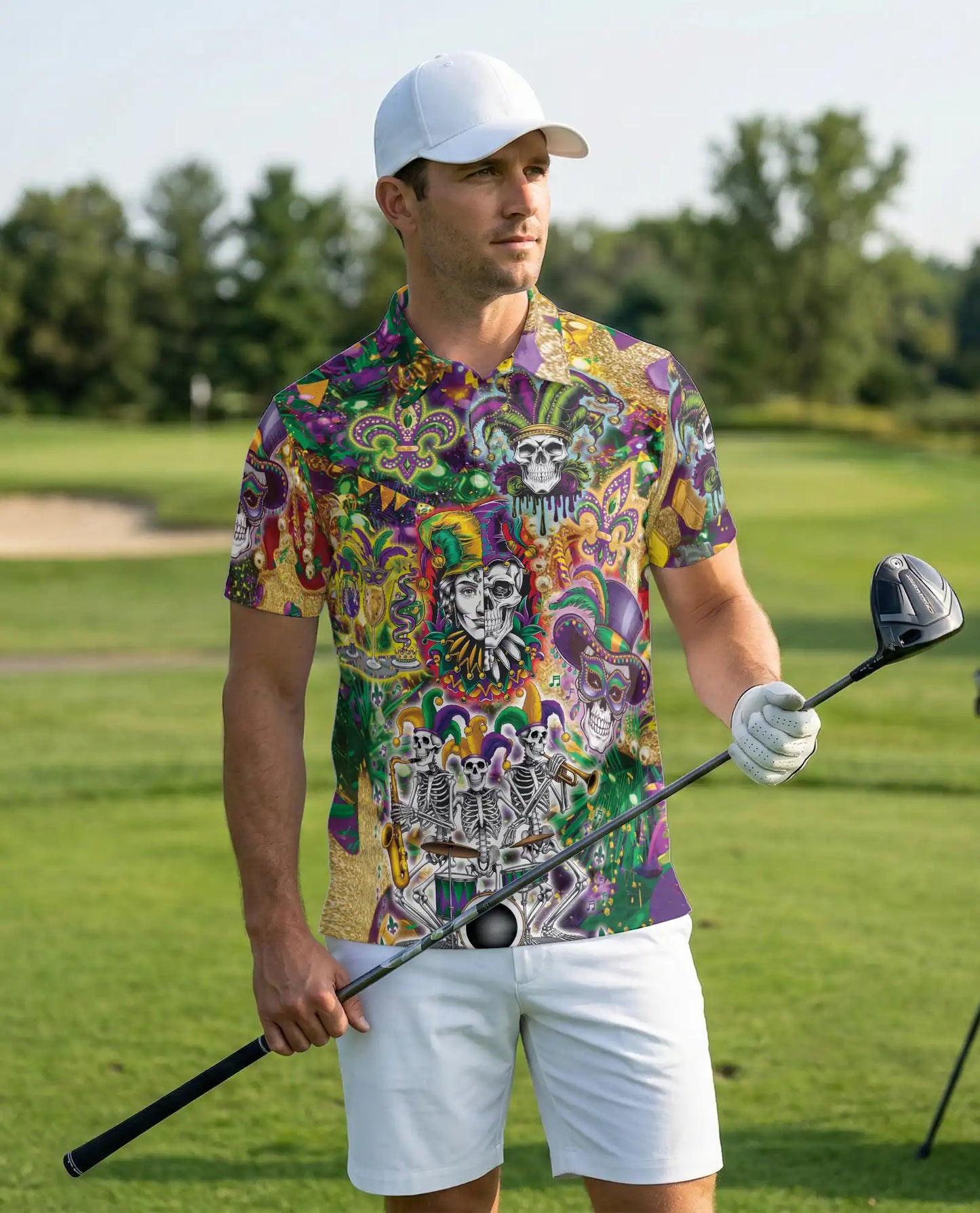 Mardi Gras Skull Jester Hawaiian Polo Shirt | Netecom