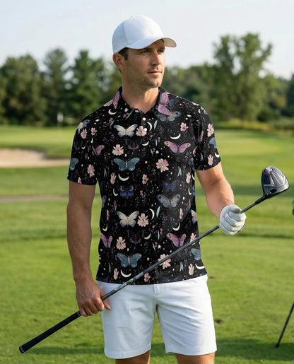 Butterfly Night Sky Polo Shirt – Moon & Floral Style | Netecom