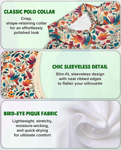 Vintage Chintz Bird Floral Sleeveless Polo Shirt for Women | Netecom
