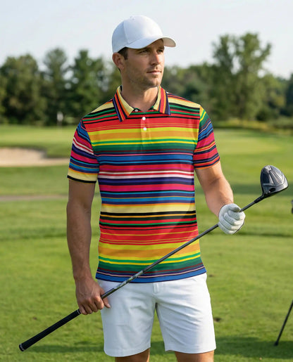 Colorful Striped 3D Polo Shirt for Men – Rainbow Retro Pattern Style | Netecom