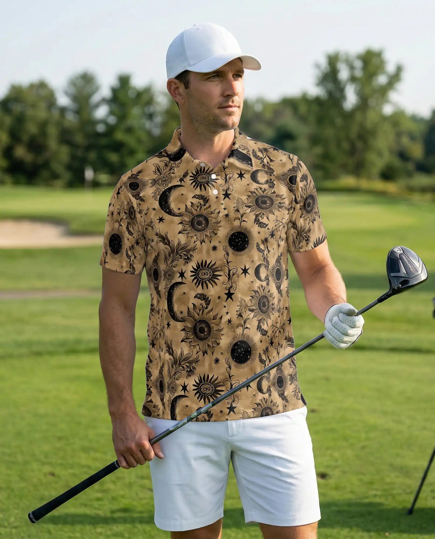 Celestial Sunflower Polo Shirt for Men-Boho Moon Stars Botanical Floral Shirt | Netecom