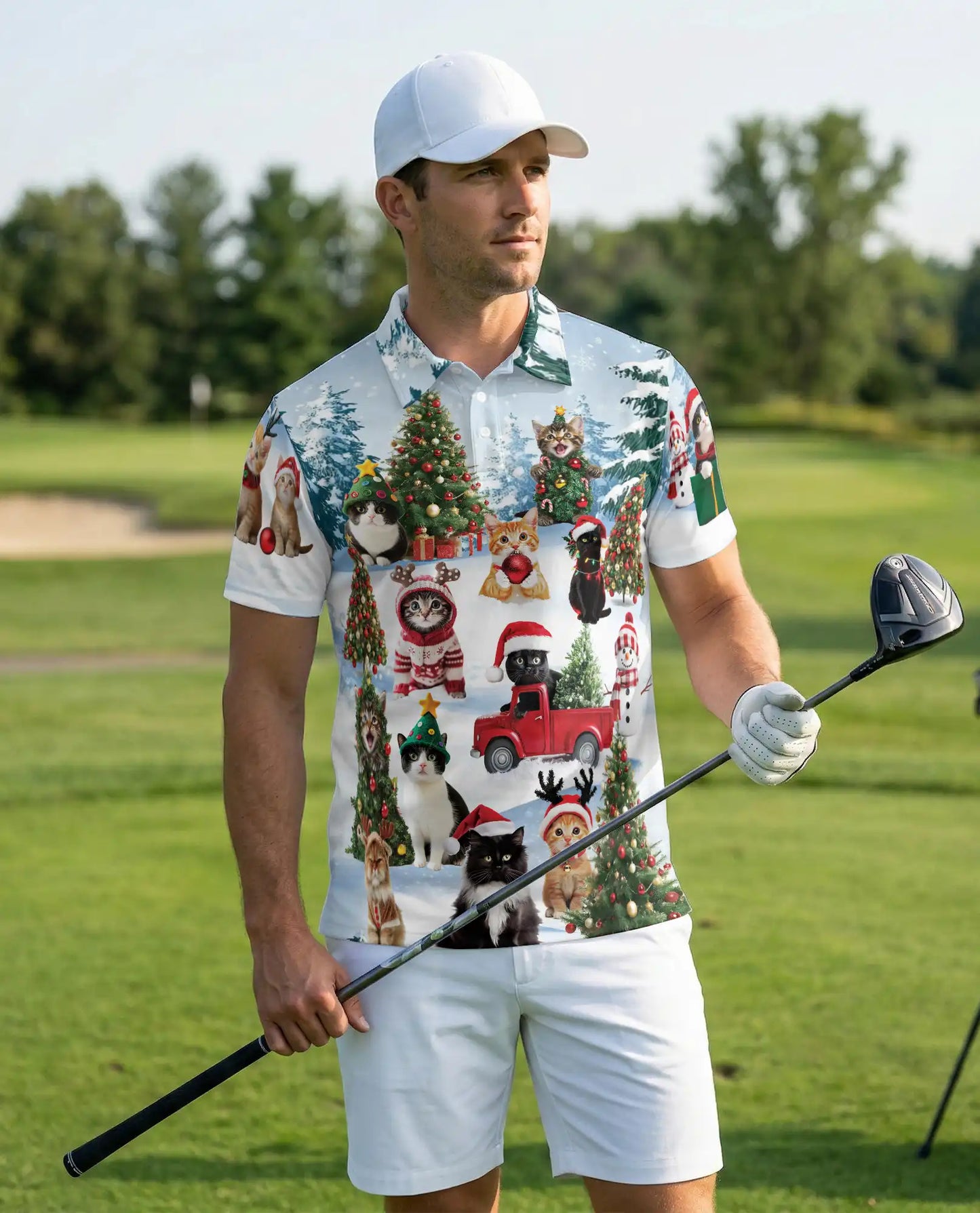 Cute Cat Christmas Polo Shirt for Men | Netecom