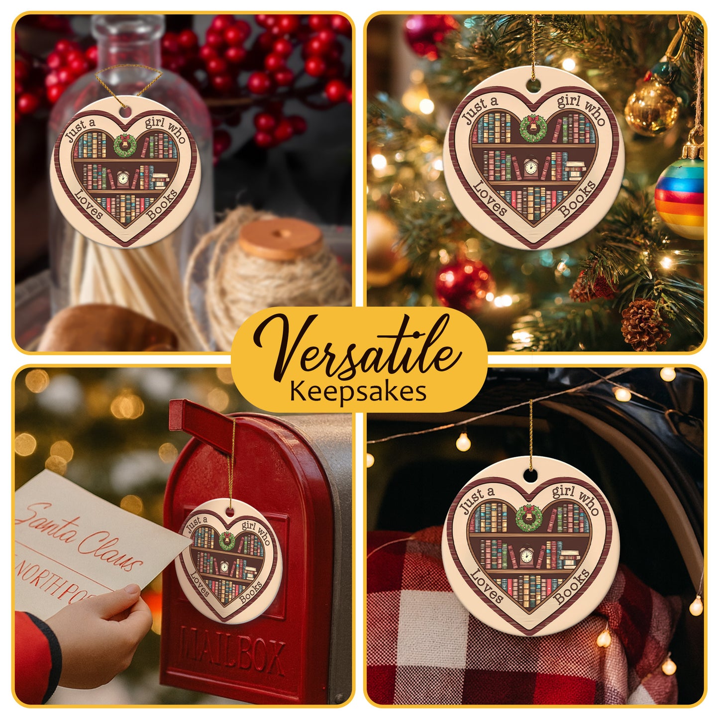 Netecom Just a Girl Who Loves Books Ornament, Bookshelf Heart Ceramic Ornament for Christmas Tree Hanging Decorations Gift, Book Lover Gifts for Women Librarian Teacher Bookworm, Party Present