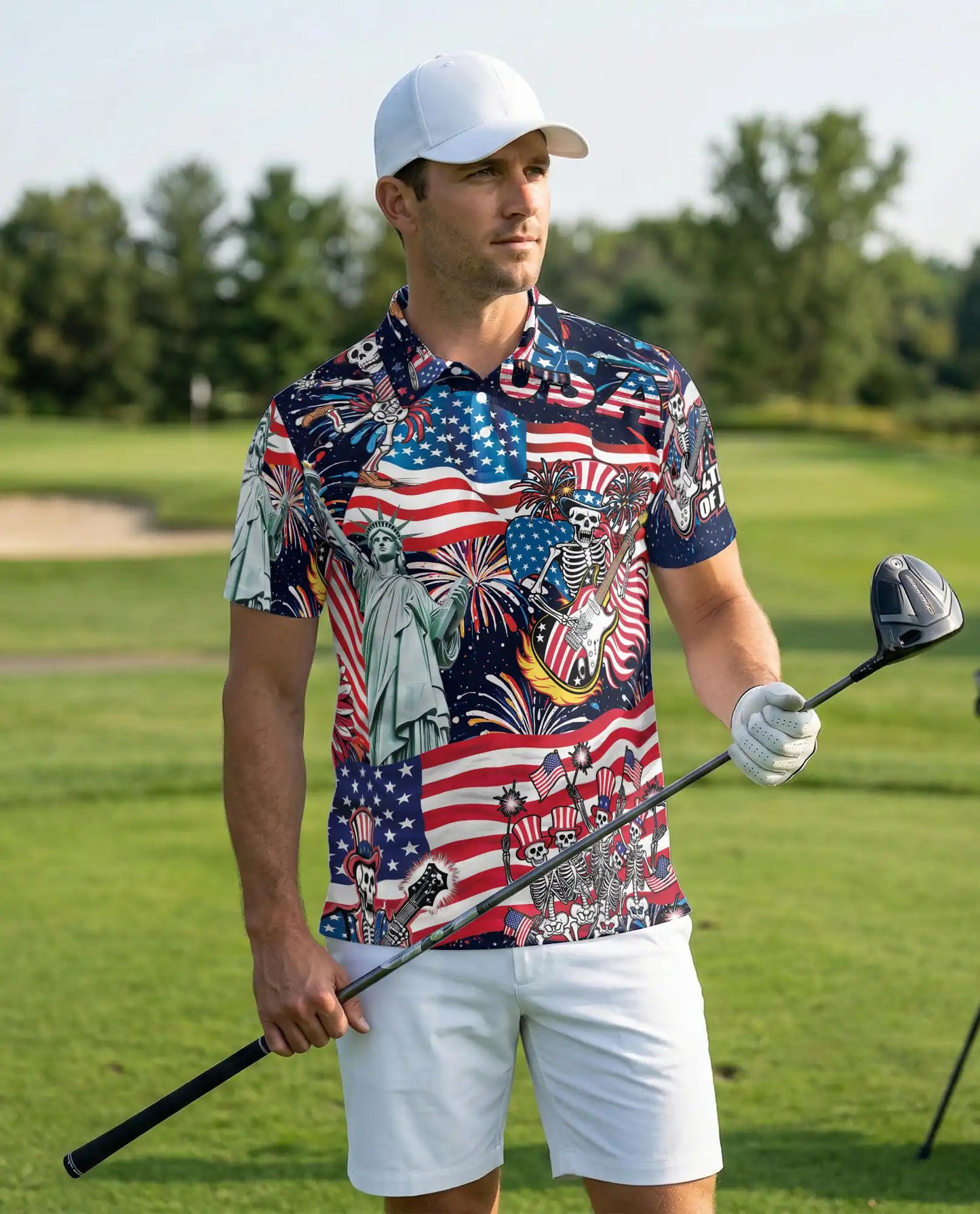 USA Skeleton Rock Band Patriotic 4th Of July Polo Shirt | Netecom