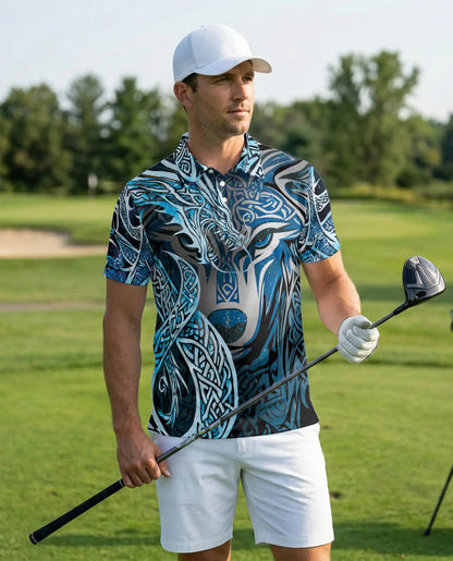 Wolf Tribal 3D Polo Shirt for Men – Nordic Celtic Animal Style | Netecom