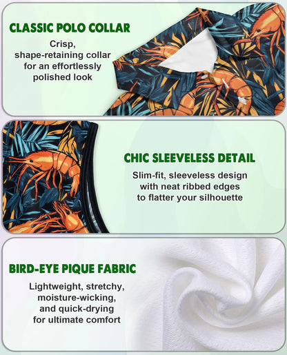 Shrimp Summer Beach Seafood Sleeveless Polo Shirt for Women | Netecom