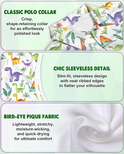 Dinosaur Tropical Sleeveless Polo Shirt for Women | Netecom