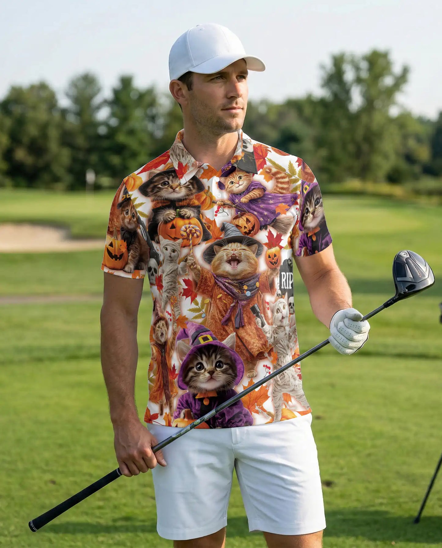 Halloween Kittens Polo Shirt for Men – Cute Cat Costume Print | Netecom