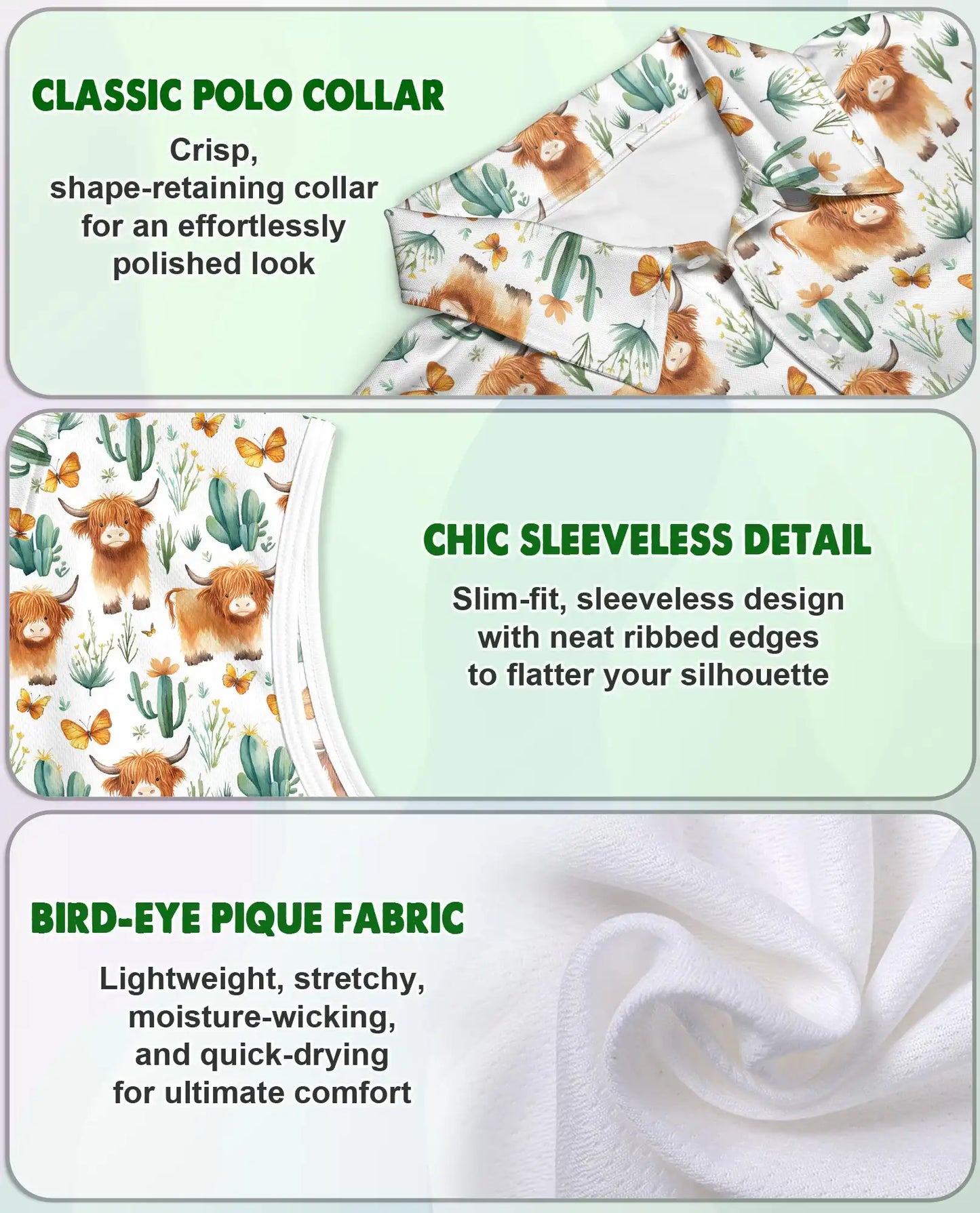 Highland Cow Cactus Sleeveless Polo Shirt for Women – Cute Western Farm Style | Netecom