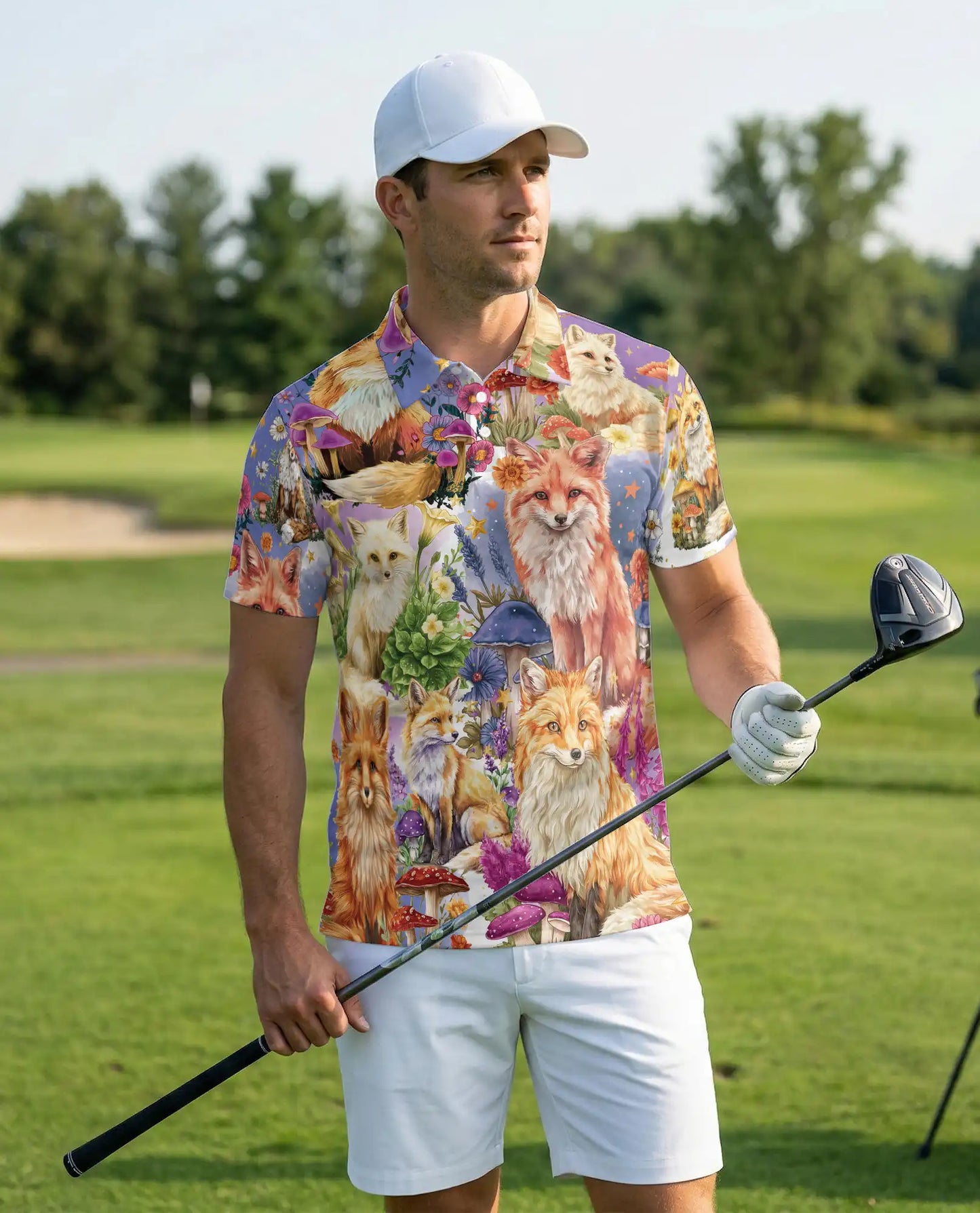 Fantasy Fox Garden Polo Shirt Enchanted Woodland Floral Animal Art | Netecom