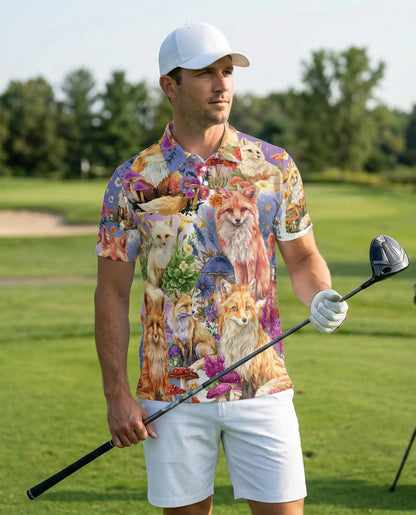 Fantasy Fox Garden Polo Shirt Enchanted Woodland Floral Animal Art | Netecom