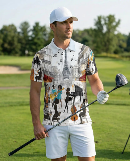 Paris Jazz Music 3D Polo Shirt for Men – Eiffel Tower Artistic Style | Netecom