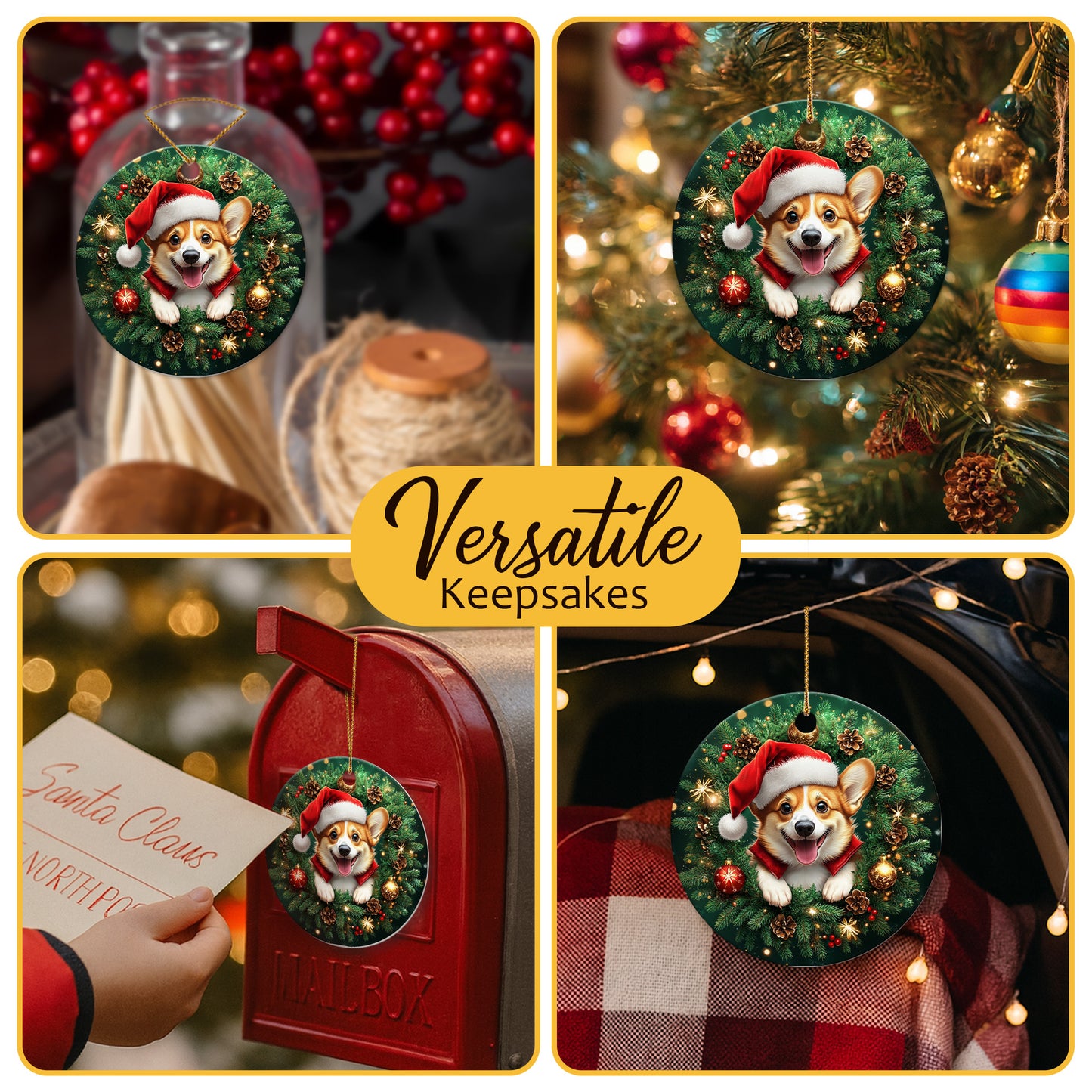 Netecom Cute Corgi Christmas Ornament, Dog Santa Hat Ceramic Ornament for Xmas Tree Hanging Decorations Gift, Puppy Lover Gifts, Home Decor, Holiday Party Present