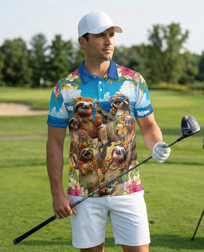 Sloth Beach Party 3D Polo Shirt for Men – Funny Tropical Animal Style | Netecom