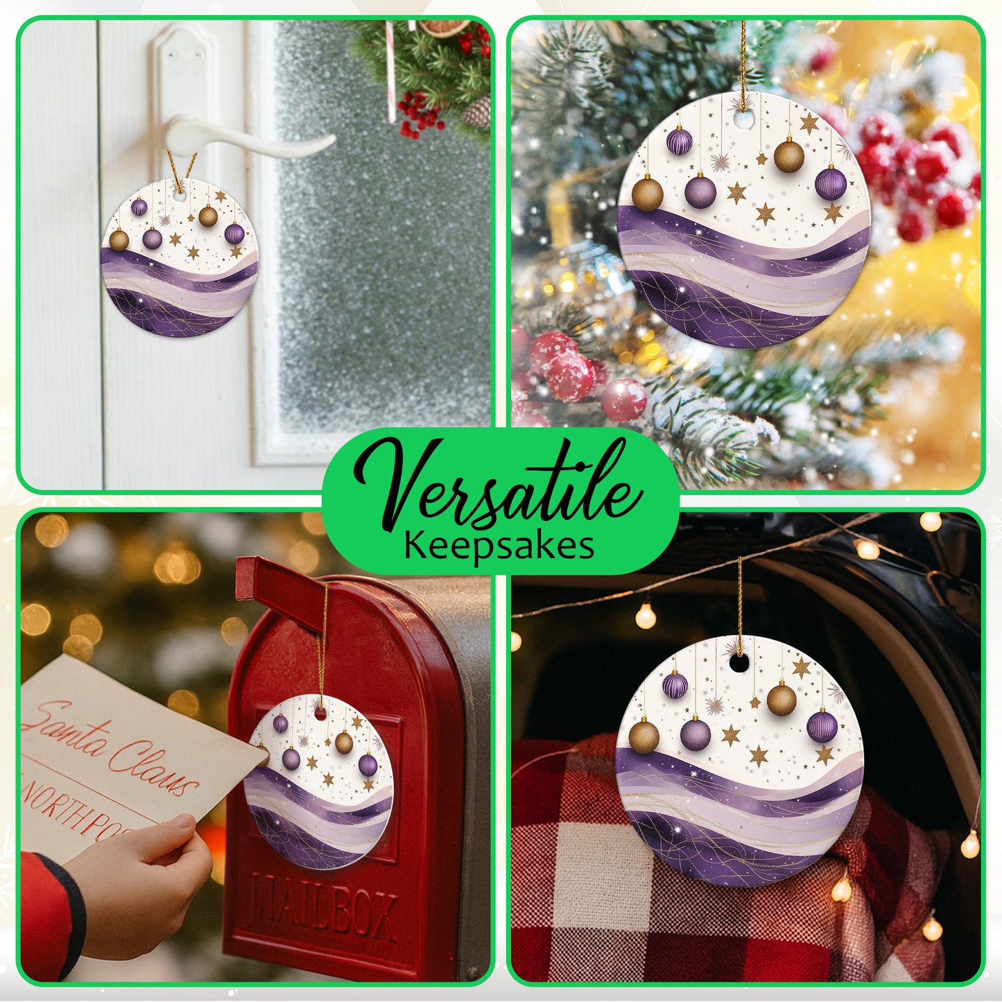 Netecom Elegant Purple and Gold Abstract Baubles Christmas Ornaments, Ceramic Hanging Balls with Glitter Star Keepsake Ornament for Xmas Tree Decorations, Gifts for Holiday, Party, Home Decor