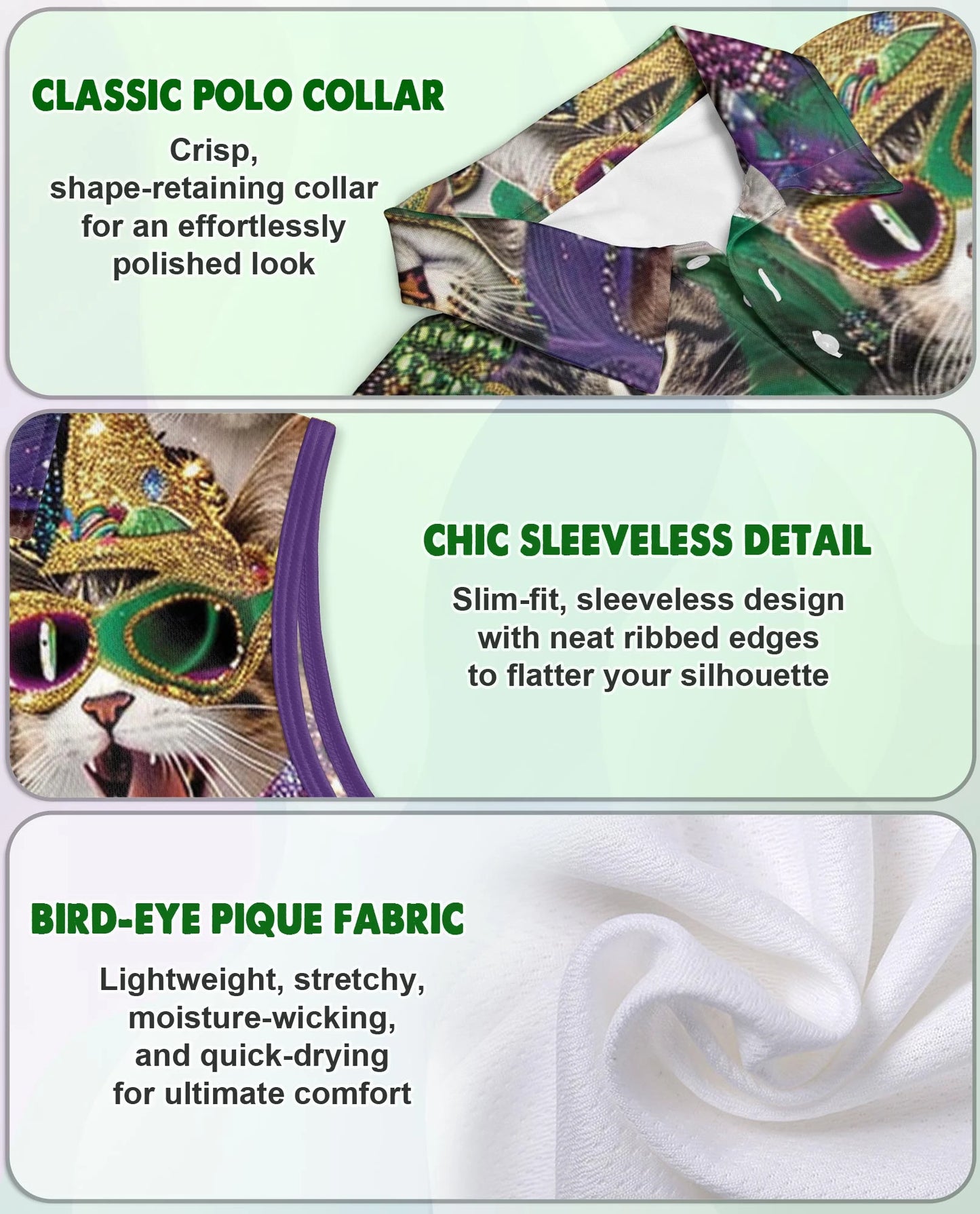 Cats Mardi Gras Carnival Sleeveless Polo Shirt for Women | Netecom