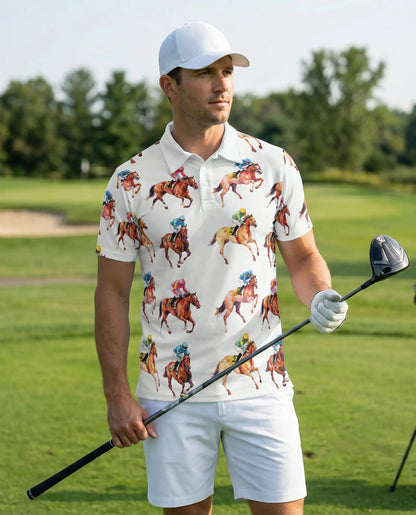 Minimal Horse Racing 3D Polo Shirt for Men – Classic Jockey Derby Style | Netecom