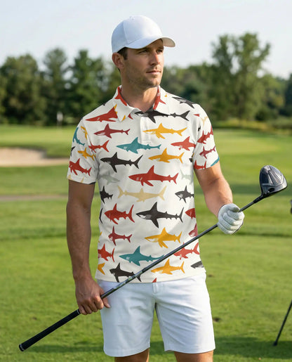 Colorful Shark Pattern 3D Polo Shirt for Men – Ocean Marine Style | Netecom