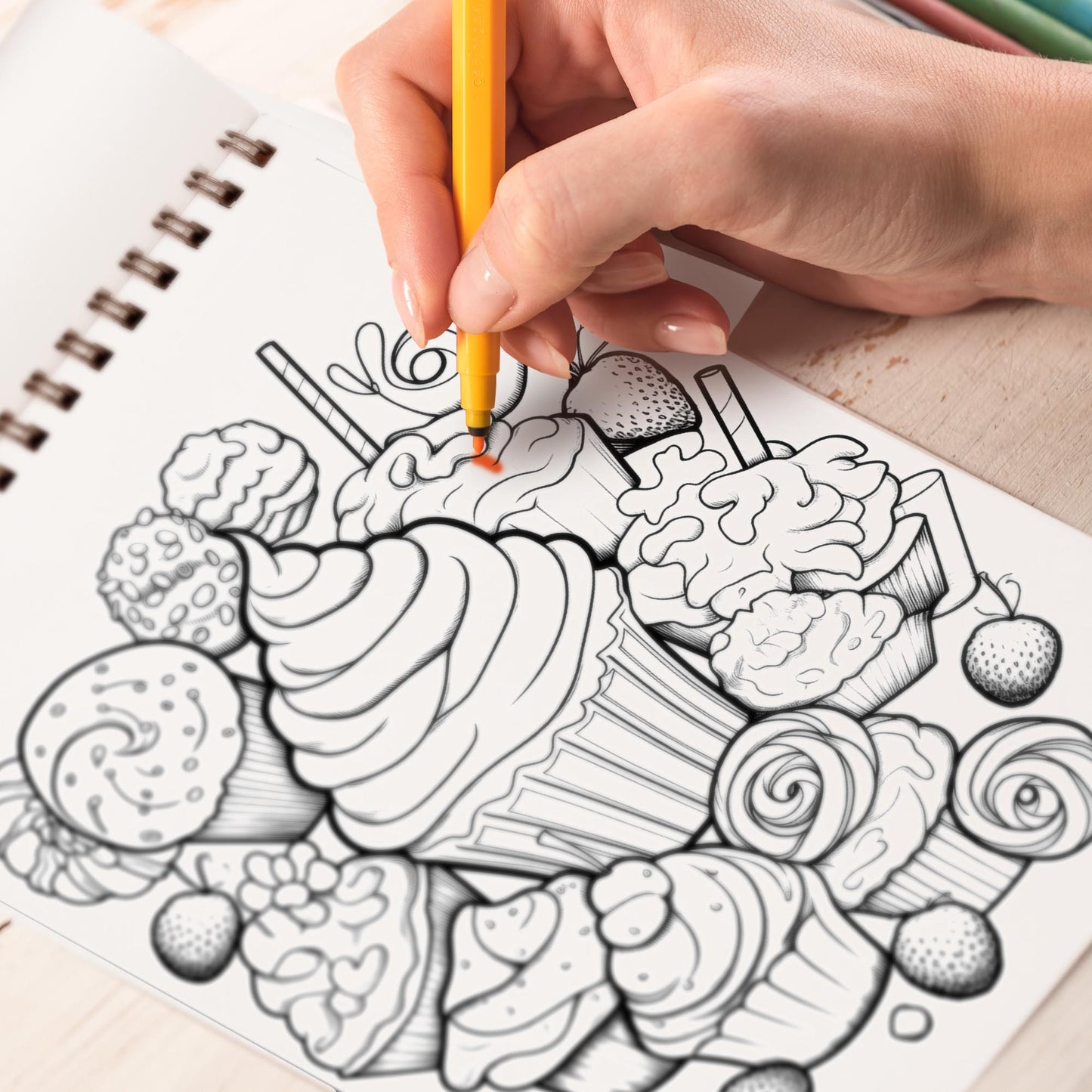 Mouthwatering Desserts Spiral Bound Coloring Book, Celebrate the Art of Baking with 30 Captivating Coloring Pages, Offering an Artistic and Flavorful Experience