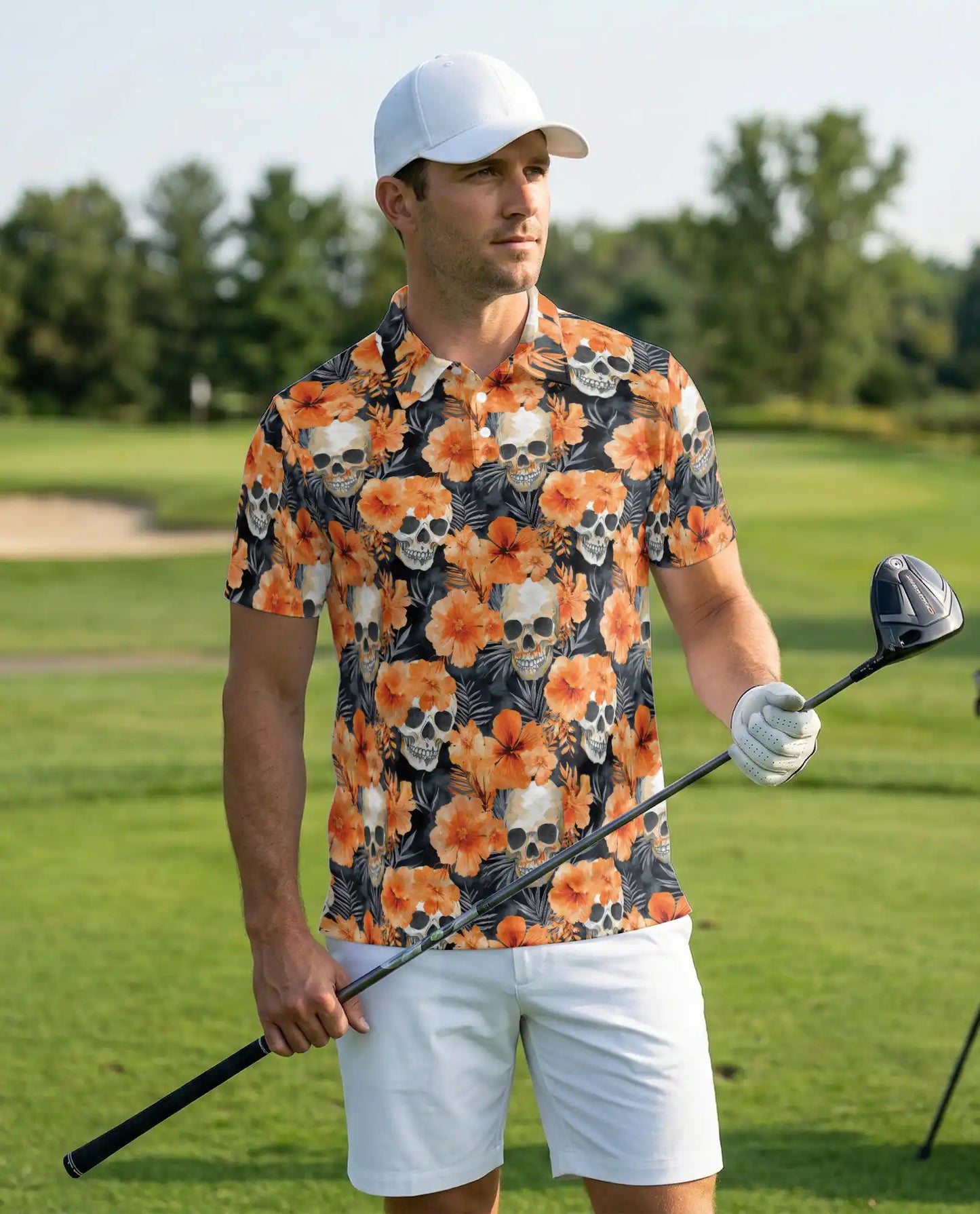Skull Floral Polo Shirt – Orange Hibiscus Print | Netecom