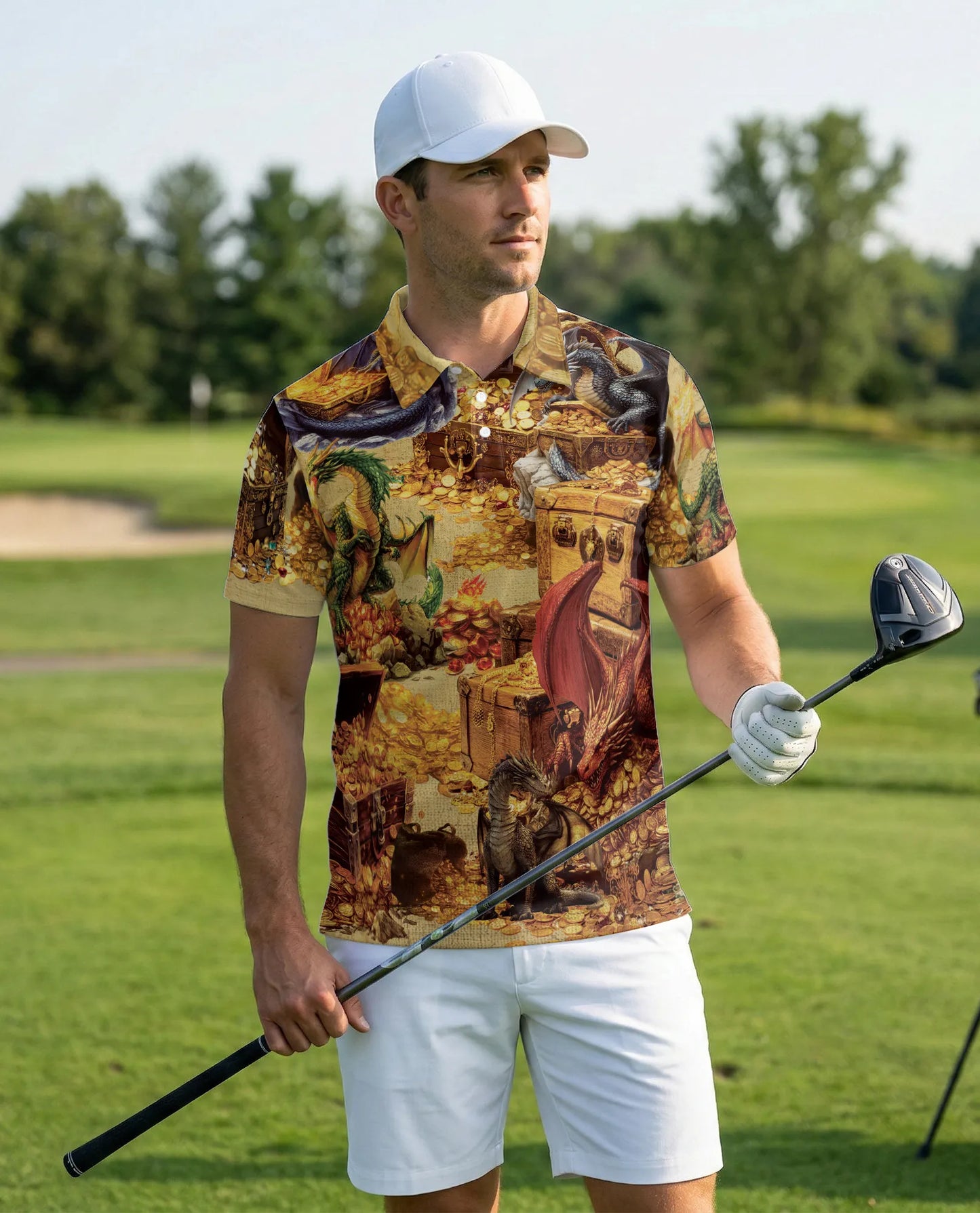 Dragon Treasure 3D Polo Shirt for Men – Fantasy Gold Hoard Style | Netecom